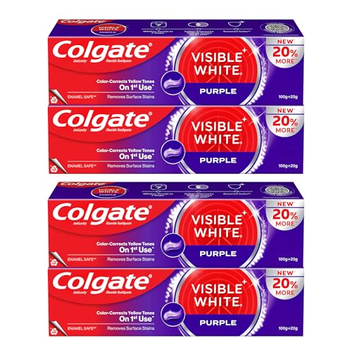 Colgate Visible White Purple Toothpaste Color-Corrects Yellow Tones on 1st Use Removes Surface Stains Enamel Safe (480g) (Pack of 2 x 240g)