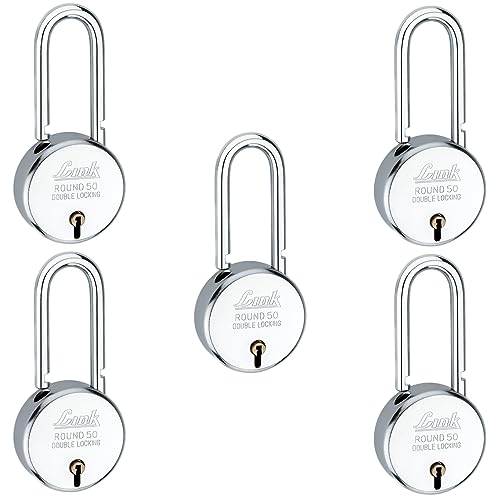 Link® 50mm New Round Long Shackle Padlock 5Pcs Set | 50,000 Key Combinations | Made in India | Double Locking | Steel Body | Iron Lever| 3 Keys for Each Padlock