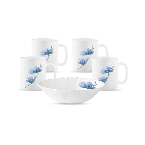 La Opala Diva Classique Collection Opal Glass Crockery | Gift Set of 5 | Coffee Time Set 5 pcs Floral Mist | Bowls & Coffee Mugs | Microwave Safe | 100% Vegetarian | Extra Strong | Light & White