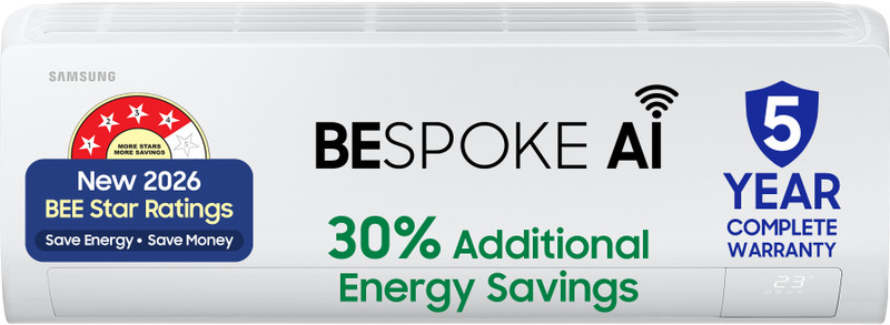 Samsung Bespoke AI 2026 Model 1.5 ton 4 Star Split Inverter with Wi-fi Energy Saving, Voice Control, Powerful Cooling, Copper, 4 Way swing, 5 Step Convertible AC(AR50H18D14HNNA,,AR50H18D14HXNA, White)