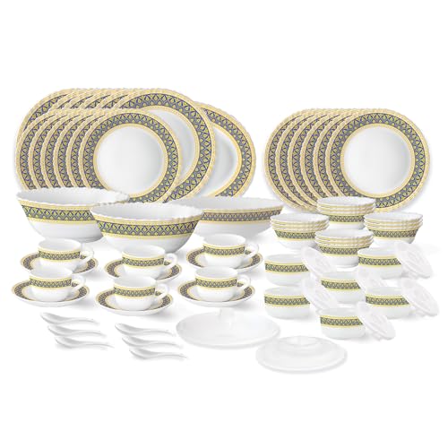 Larah by Borosil Regal Fluted Series Opalware Dinner Set | 66 Pieces for Family of 6 | Microwave & Dishwasher Safe | Bone-Ash Free | Crockery Set for Dining & Gifting | Plates & Bowls | White