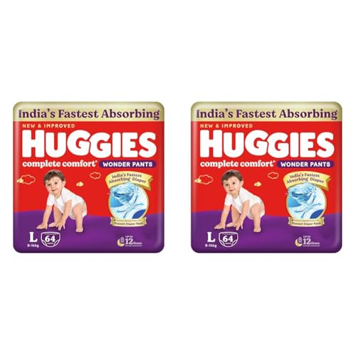 Huggies Complete Comfort Wonder Pants | Pant Style Baby Diapers L Size, 64 Count | India’s Fastest Absorbing Diaper, Patented Dry Xpert Channel, Ideal for 9 to 14 Kgs (Pack of 2)