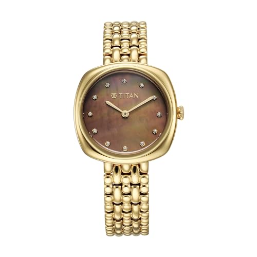 Titan Aura Phase Quartz Analog Brown Dial Golden Stainless Steel Strap Watch for Women-95241YM01