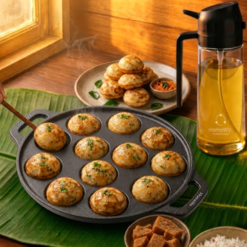 HomeWiz Cast Iron Appe Pan 12 Cavity 26 cm | Free Oil Dispenser 500ml | Pre-Seasoned Appe Maker for Appam, Paniyaram & Appe | Non Stick Appam Pan | Naturally Non-Stick | Works On Induction & Gas