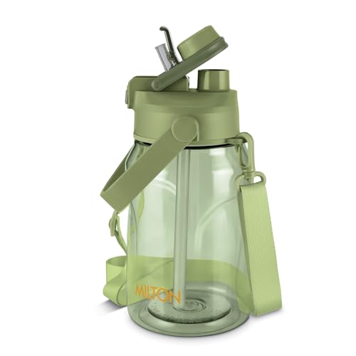 MILTON Eros 1000, 2-in-1 Sip or Gulp Lid Water Bottle 960ml | Unbreakable – Crystal Clear Plastic | Leak-Proof & BPA-Free, One-Click Open | Ideal for School, Office, Gym & Travel Use, Military Green