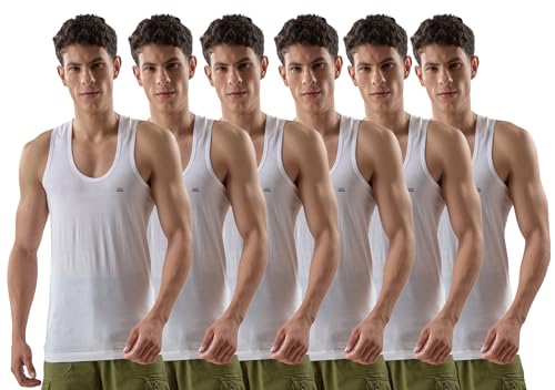 LUX VENUS Men’s 100% Cotton Sleeveless Vests | Regular Fit | Round Neck|Anti-Bacterial Finish & Tag-Free Comfort | White, Pack of 6