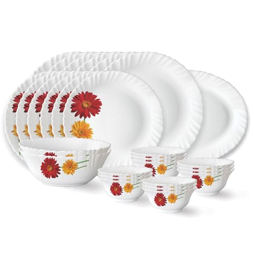 Larah by Borosil Zinnia Fluted Series Opalware Dinner Set | 27 Pieces for Family of 6 | Microwave & Dishwasher Safe | Bone-Ash Free | Crockery Set for Dining & Gifting | Plates & Bowls | White
