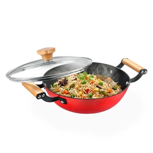 Prestige Castlite Enamel Coated Cast Iron Kadai 20cm/ 1.4L | Lightweight, High Heat Retention | Gas & Induction Compatible | Low-Oil Cooking | Stay-Cool Wooden Handles | Easy Clean | 15Y Warranty