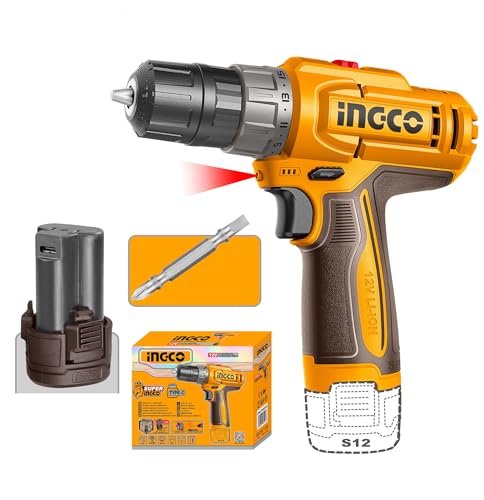 INGCO Cordless Drill Machine for home use, with 1 pcs Battery and Drill Bits, Battery drill machine Type C chargeing