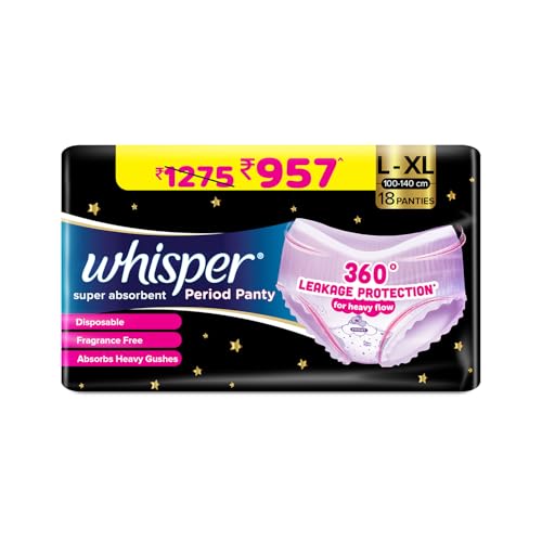 Whisper Super Absorbent Period Panty, 18 L-XL Pants, 360 Degree Leakage Protection* for Heavy Flow, Panty like Fit, Full back Coverage, Absorbs Heavy Gushes, Silky Soft, Comfortable Feel