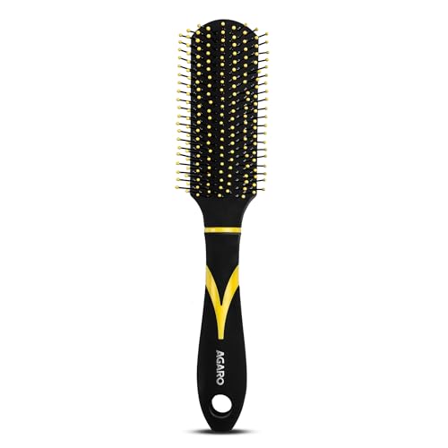 AGARO Breeze Flat Hair Brush with Strong & flexible nylon bristles, having Anti static ball tips, For Grooming, Volumising & Back Brushing, ideal for Men, Women & Kids, Yellow & Black.