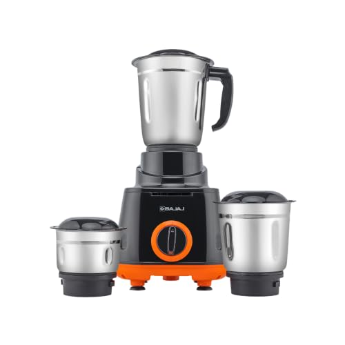 Bajaj Rex 500W Mixer Grinder | 3 Stainless Steel Jars with Multifunctional Blades | Nutri-Pro Feature for Efficient Grinding & Blending | Adjustable Speed Control | 1 Year Warranty | Black & Orange
