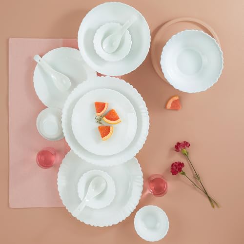 Larah by Borosil 35 Pieces Opalware Dinner Set for Family of 6 (White) | Microwave & Dishwasher Safe Crockery Set for Dining & Gifting, Bone-Ash Free Plates & Bowls