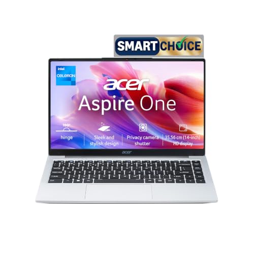 Acer Smartchoice Aspire One, Intel Core Celeron N4500, 8GB LPDDR4 RAM/ 512GB SSD, 14.0″/35.56cm WXGA Display, Intel UHD Graphics, Win 11 Home, Pure Silver, 1.3 Kg, A114-45, Thin and Light Laptop