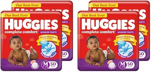 Huggies Complete Comfort Wonder Pants | Pant Style Baby Diapers M Size, 100 Count | India’s Fastest Absorbing Diaper, Patented Dry Xpert Channel, Ideal for 7 to 12 Kgs (Pack of 2)