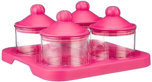 Amazon Brand – Solimo Air-Tight Dry Fruit Container Tray Set With Lid & Serving Tray, Airtight Plastic Storage Container Set 500 ml | Set of 4, Pink