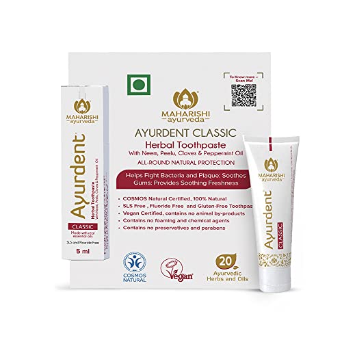 Maharishi Ayurveda Ayurdent Classic Toothpaste | Unique Saliva Balancing Formula | For Toothache, Bleeding Gums, Sensitivity, Cavities, Plaque & Bad breath | Non Foaming, SLS & Fluoride Free | 5 ml
