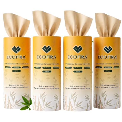 Ecofira Cylinder Tube Tissue for Car, Pack of 4, 2-Ply Soft Facial Tissues, Universal Cup Holder Fit, 100% Bamboo Pulp, Unbleached, Highly Absorbent, Travel Car Accessory, 50 Pulls Each