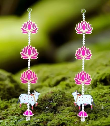 BENAVJI Presents Handmade MDF Wooden Lotus with Cow Door Toran Jhumka Style Hanging for Diwali Decoration Wall Hangings for Home Decor, Temple, Main Door Entrance 60 Cm Length Pack of 2