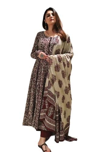 Nermosa Women Printed Anarkali Kurta and Pant Set with Dupatta | Printed Kurta Set | Cotton Suit | Women Kurta Sets | (IN, Alpha, 3XL, Regular, Standard, Maroon)
