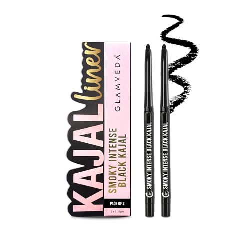 GLAMVEDA Pencil Smoky Intense Black Kajal – 0.35g | 24-Hour Long Stay One-Stroke Smooth Application Waterproof, Smudgeproof & Sweatproof| Rich Pigment | Suitable for Sensitive Eye (Pack of 2)