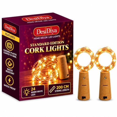 Desidiya® Bottle Lights with Cork, Mini Copper Wire, 24 LED Battery Operated String Decorative 200cm Fairy Light DIY Festive Decor for Diwali Wedding Party Decoration – Pack of 2 (Warm White)