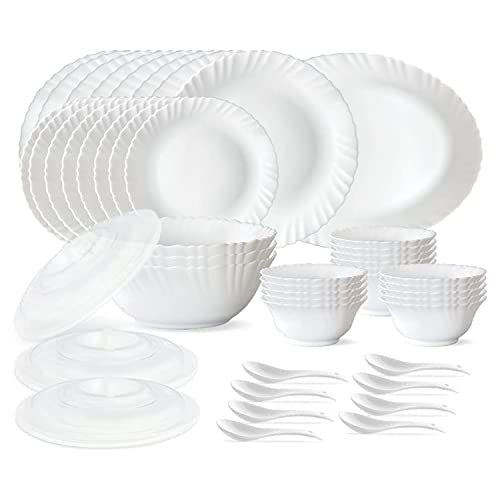 Larah by Borosil 47 pc Opalware Dinner Set for Family of 8 (White) | Microwave & Dishwasher Safe Silk Series Crockery for Dining & Gifting, Bone Ash Free Plates & Bowls