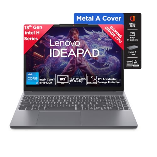 Lenovo IdeaPad Slim 3 13th Gen, Intel Core i5-13420H, 16GB RAM, 512GB SSD, WUXGA, 15.3 inch (38.8cm), Windows 11, Office 2024, Luna Grey, 1.6Kg, 83K101JEIN, Top Metal Cover, Backlit KB, IPS, Laptop