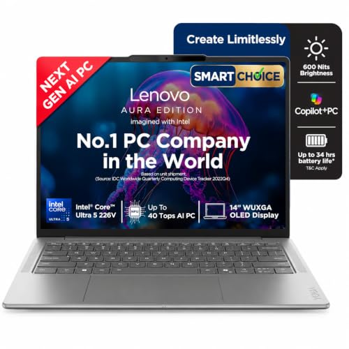 Lenovo Yoga Slim 7 Smartchoice Aura Edition Intel Evo Core Ultra 5 226V (16GB RAM/512GB SSD/14 inch (35.5cm)/WUXGA OLED/Copilot+ PC/Windows 11/MSO 365 Basic+Office 24/Grey/1.19Kg), 83JX00ENIN Laptop