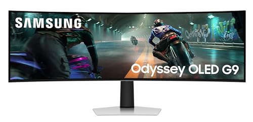 Samsung 49″ Odyssey OLED G9 Curved Gaming Monitor|Dual QHD 5120 x 1440|144Hz|0.03ms|DCI 99%|OLED Safeguard|FreeSync Premium Pro|G-Sync|Quantum Dot|HDR10+ Gaming|HAS|Flicker Free| LS49DG910SWXXL|Silver