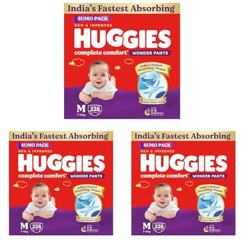 Huggies Complete Comfort Wonder Pants | Pant Style Baby Diapers Medium Size (M), 228 Count | India’s Fastest Absorbing Diaper, Prevents Diaper Rash, Ideal for 7 to 12 Kgs (76 Count, Pack of 9)