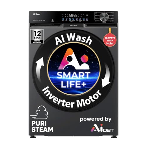 Haier Smart Choice 10Kg,5 Star,AI Smart LIFE+,Vibrant Touch Panel, 525 mm Super Drum, Refresh,WiFi enabled,Fully Automatic Front Load Washer(EFL100-IM14F5ES8U1 | Dark Jade Silver)