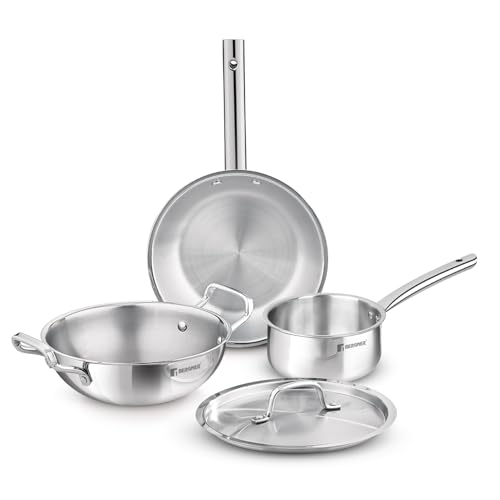 Bergner TriPro 4 Pcs Tri-Ply Stainless Steel Induction Bottom Cookware Set – 22cm (2L) Kadai and 22cm (1L) Frypan with Common Stainless Steel Lid, 14cm (1L) Teapan, Less Oil Use, Easy to Clean
