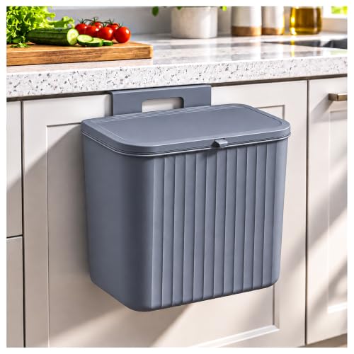 Eightiz Plastic Hanging Kitchen Trash Can with Lid– Cabinet Door Hanging Garbage Bin, Double-Sided Open Flip Lid, Wall Mounted Kitchen Waste Bin, Under Sink Storage Trash Bucket(7L,Grey).