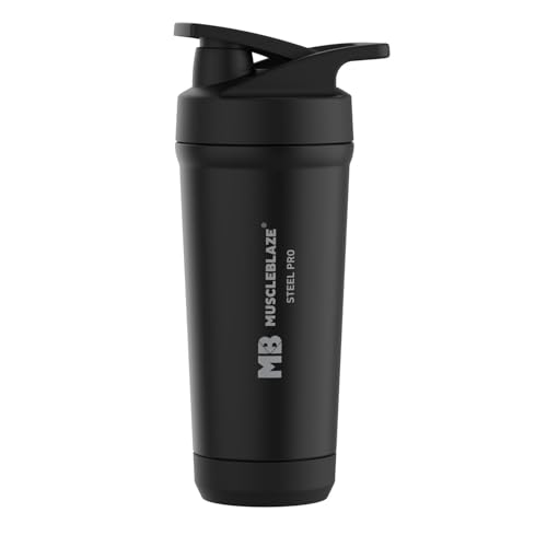 MuscleBlaze Stainless Steel Gym Shaker Pro, Black, 700ml