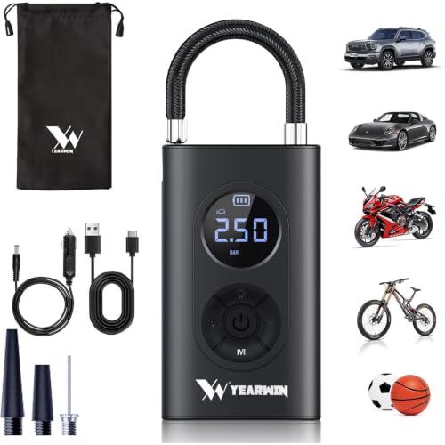 YEARWIN WC16 Tyre Inflator for Car & Bike, 150 PSI, 1 Year Warranty, Corded & Cordless Air Pump, Rechargeable Portable, Digital Display, Auto Shut Off, LED Light & Multiple Inflatable Nozzles