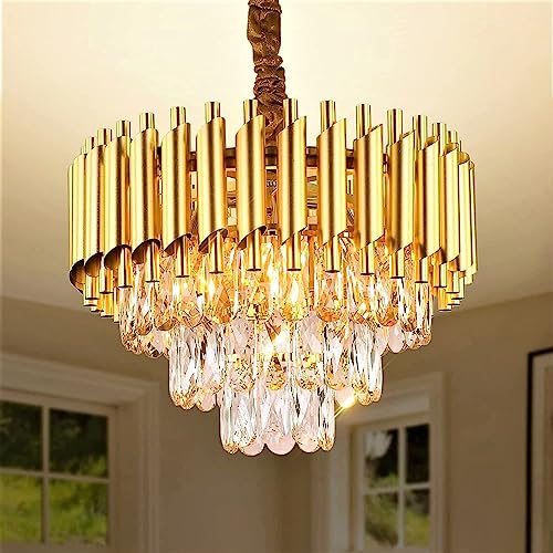 Desidiya Modern Crystal Pendant Light Golden Round Ceiling Light Fixture for Living Room and (Antique, 400mm) and 3 Colors Led Plate Included Warm White, Natural Light, Golden Light (400MM)