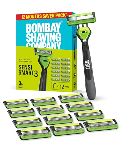 Bombay Shaving Company Sensi Smart 3 Annual Shave Pack (1 Razor + 12 Blades) | Shaving Razor and Cartridges for Man | Aloe and Argan Oil Lubra Strip with Pivot Head