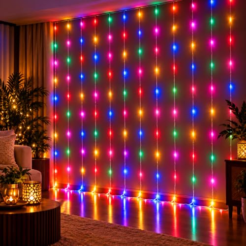Desidiya 200 LED Waterfall Curtain String Lights 3x2m Multi Color 8 Lighting Modes, Adjustable Brightness, Memory Function, 10 Hanging Strands, Indoor & Outdoor Use