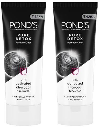 POND’S Pure Detox Face Wash 200 g, Daily Exfoliating & Brightening Cleanser, Deep Cleans Oily Skin – With Activated Charcoal for Fresh, Glowing Skin (Pack of 2)