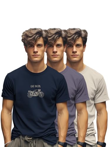 BULLMER Trendy Printed Cotton Blend Crew Neck/Round Neck Half Sleeve Regular Fit Tshirt for Men – Pack of 3_Navy Blue/Purple / Beige_X-Large