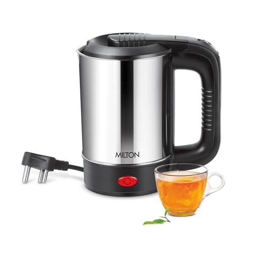 MILTON Stainless Steel Euroline Electric Travel Kettle With Handle, 1000 Watt, 500 Ml | 2 Utility Cups | Auto Shut-Off | Concealed Heating Element | Power Indicator |1Year Warranty, Silver