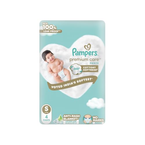 Pampers Premium Care Pant Style Baby Diapers S 4 Count | No Marks Design | Voted India’s #1 Softest Diaper | All in 1 diaper with 360 Cottony Softness