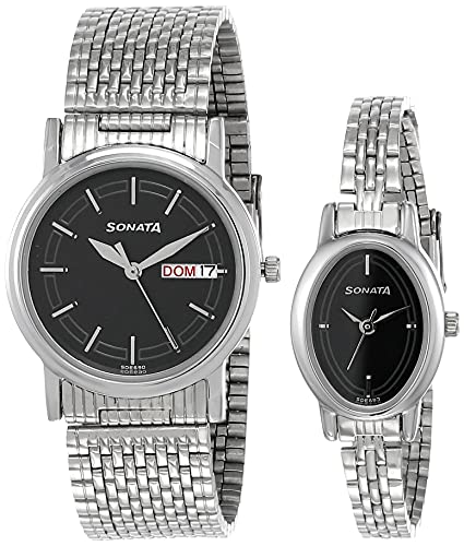Sonata Quartz Analog with Day and Date Black Dial Metal Strap Watch for Couple-NS11418100SM01P