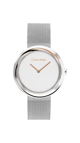 Calvin Klein Twisted Bezel Qtz Basic Slim White Round Dial Women’s Watch | Stainless Steel Material | Mesh Bracelet Watch – 25200011