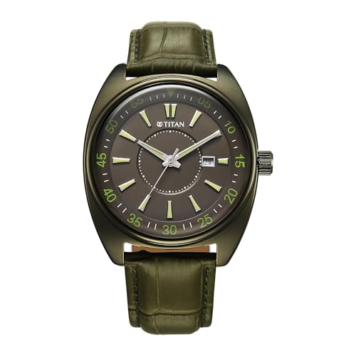 Titan Tonneau Analog with Date and Green Dial Green Leather Strap Watch for Men – 90211QL01