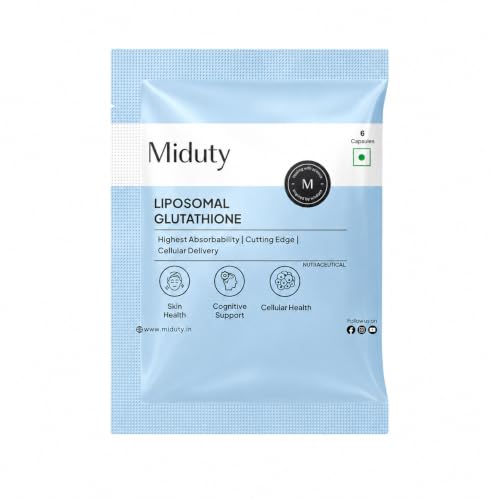 Miduty Liposomal Glutathione 600 mg – Highest Bioavailability & Absorbability – Cellular & Face Health – Helps in Skin Hydration & Skin Glow – Liver Health & Detoxification Support – 6 Veg Capsules