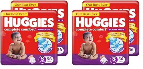 Huggies Complete Comfort Wonder Pants | Pant Style Baby Diapers S Size, 112 Count | India’s Fastest Absorbing Diaper, Patented Dry Xpert Channel, Ideal for 4 to 8 Kgs (Pack of 2)