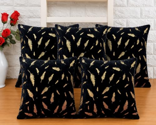 BENAVJI Silk Printed Pillow Cover | Jaipuri Traditional Silk Cushion Cover Size 16 x 16 Inch Pack of 5 (Black, 16X16 Inch)