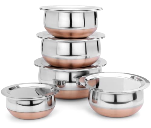 LIMETRO STEEL Stainless Steel Copper Coated Serving Set/Handi Set of 5 with Lids – (0.5 L, 0.75 L, 1 L, 1.5 L & 2 L)